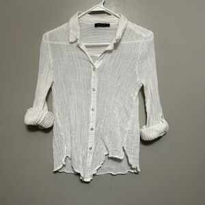 Maven Womens Blouse S White Collared Button Up Long Sleeve Roll Tab Gauze Casual
